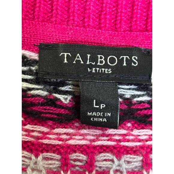 Talbots pink Fair Isle cardigan, LP, preppy, cottagecore, Nordic, cozy, bright - Picture 4 of 5